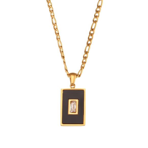 Black Vintage Rectangle Acrylic Zircon Pendant Necklace‎ 18K Gold Plated - Picture 1 of 7
